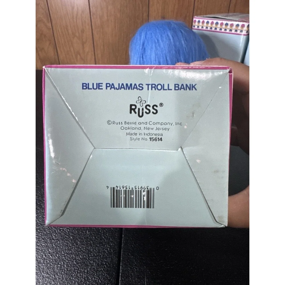 Russ Good Luck Troll Savings Bank With Blue Hair & Pajama Design, Box.